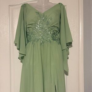 Sage Green Long Sleeve Embroidered V-Neck Evening Dress